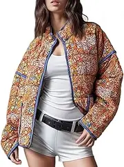 [Wyeysyt] Women's Cropped Puffer Jacket Lightweight Floral Print Long Sleeve Padded Quilted Puffy Cardigan Coat
