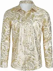 [CARUHIF] Men's 70s Disco Shirt Paisley Retro Floral Top Long Sleeve Casual Party Dress Shirts