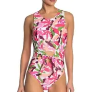 Nicole Miler sz medium high neck cutout red multi one piece swimsuit new SW110