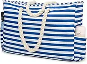 Waterproof Beach Bag, L22 xH15 xW6(XXL), KUAK Extra Large Beach Bag with Waterproof Phone Case, Key Holder, Bottle Opener, Top Zipper, Two Outside Pockets, Stripes Beach Bags and Totes for Women