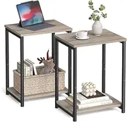 VASAGLE End Tables Set of 2, Side Tables with Storage Shelf, Slim Night Tables, Greige and Black ULET272B02