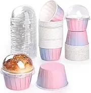 Bigqin 50 Sets Baking Cups with Lids 5.5oz Round Cupcake Liners Colored Mini Cake Cups Reusable Laminated Paper Baking Liners for Pudding Muffin Desserts in Home Kitchen Wedding Party