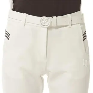 【Lynx Golf】首爾高桿風格！女款彈性舒適黑白彈性織帶剪接設計造型口袋開杈款窄管八分褲(二色)