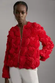 Crinkle Rosette Woven Bomber Jacket