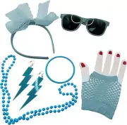 6 Piece 80s Accessories Kit Blue Retro Halloween Costume