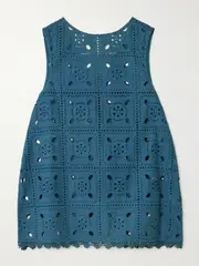 [Miguelina] Miguelina - Tula Reversible Scalloped Broderie Anglaise Cotton Top - Blue - small small Blue