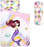 Jundetye Todddler Nap Mat with Pillow and Minky Blanket, Kids Sleeping Bags for Preschool Daycare, Slumber Bags for Girls Boys Ages 3-7 Years, 55''x 23''