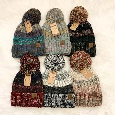 C.C Cuffed Mixed Lined Pom Beanies, Winter Hat, Winter Beanie, Warm Knit Beanie