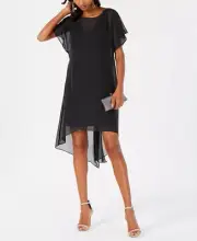 ADRIANNA PAPELL Chiffon-Overlay A-Line Dress Black Size S $99