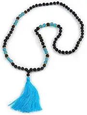 [Avalaya] Statement Dark Brown Tree Seed and Light Blue Acrylic Bead Necklace with Azure Blue Silk Tassel - 94cm L/ 11cm Tassel, One Size, Plastic