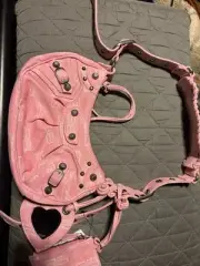 Authentic Balenciaga Le Cagole Mini Bag With Chain BB Monogram Denim in Pink