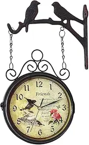 Retro Double-Sided Wall Clock, Outdoor Garden Waterproof Clock with Crystal Glass Mirror, Silent Home Decoration 360 Degree Rotating Station Clock