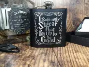 Engraved I Solemnly Swear I Am Up to No Good Black Flask with Gift Box
