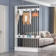 Wall Room Divider, Privacy Screens, Room Divider Shelf, Wall Screen Room Divider with Coat Rack, Modern Freestanding Wood Room Divider Screen for Home Office(White+Black,L108cm/42.5in)