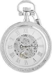 [Kirposh] Silver Mechanical Pocket Watch for Men Auto Skeleton Clock Roman Numeral Display Open Face Watches with Chain