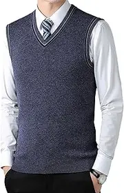 [SWJGLITTR] Men's Sleeveless Knitted Vest V Neck Pullover Waistcoats Relaxed Fit Wool Blended Vests, Grey, Medium