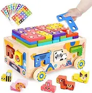 Uandhome Montessori Toys for 2 3 Year Old Toddler,Wooden Building Blocks Educational Toys Kids, Animals Shape Sorting Stacking Learning Toys for Toddlers, Christmas Birthday Gifts for Girls Boys