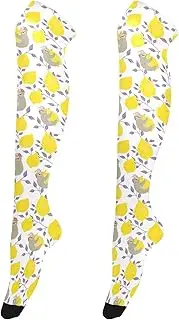 [Caihoyu] Womens Knee High Socks Lightweight Extra Long Knee Boot Stockings Above Knee High Socks for Daily Office Wear Cute Sloths on Yellow Lemons, Cute Sloths on Yellow Lemons