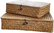 AIMALL 2pcs Straw Storage Box with Lid, Rattan Bamboo Desktop Organizer Basket, Handcrafted Seaweed Gift Box for Finishing & Organizing, 11in x 9.44in and 12.59in x 11in