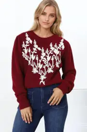 Muriel Jumper - Contrast Embroidery Crew Neck Jumper in Red