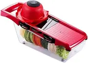 Multi Function Veg Cutter, Mandoline Vegetable Slicer Cutter Food Slicer Interchangeable Stainless Steel with Food Container, Peeler, Hand Protector, Julienne Slice for Potato Tomato Onion,-Red
