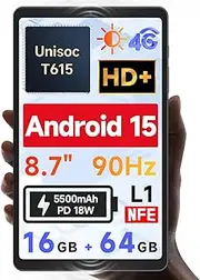 [2025 New Android 15] 8.7" Tablet by BNCF, Unisoc T615 (8 Core), HD IPS 800x1340, 90Hz Reflex, 350Nits, Widevine L1, 5MP Camera, 4G LTE, 2.4G/5G WiFi, BT5.0, 5500mAh, PD18W, 16GB+64GB (1TB TF)