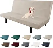 Chelzen Velvet Futon Cover High Stretch Armless Couch Covers Spandex Fabric Sofa Bed Slipcover Anti Slip Furniture Protector with Elastic Bottom Machine Washable (Futon, Khaki)