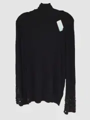 $145 Neiman Marcus Women's Black Turtle-Neck Pullover Beaded-Cuffs Sweater SZ L