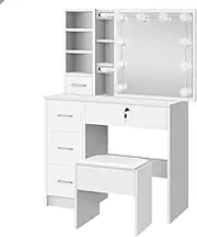 ALFORDSON Dressing Table Stool Set Makeup Vanity Table with Sliding Mirror & 10 Adjustable Light Bulbs, Vanity Desk Dresser Organiser with Storage Drawers Shelves for Bedroom Dressing Room (White)