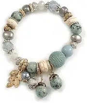 [Avalaya] Light BlueGreyCream Ceramic, Glass and Semiprecious Bead, GoldSilver Tone Metal Rings, Women's Bracelets Charm Flex Bracelet-Size M, One Size, Ceramic Glass