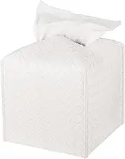 Tissue Box Cover PU Leather Tissue Holder Square Facial Tissue Case Facial Paper Organizer Dispenser for Bathroom, Vanity Countertop, Tabletop, Car, Griege(White)