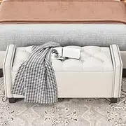 Modern Upholstered Velvet Storage Bench Ottoman Bedside Bench with Studded Design Tufted Button Foot Stool Occasional Coffee Table or Spare Seating for Bedroom Living Room (Beige)