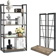 Giantex 4-Tier Folding Bookshelf, No-Assembly Wood Rack with Metal Frame, Industrial Wall-Mounted Bookcase Storage Organizer Plant Stand for Living Room/Bathroom/Kitchen, Rustic Brown