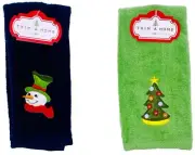 HOLIDAY Fingertip Towels SET of 2 Navy Blue Snowman + Green Christmas Tree NEW