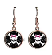 Crossbones Skull Cute Pink Bow Halloween Handmade Round Resin Dangling Earrings