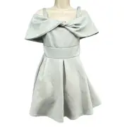 ASOS Bardot Skater Mini Dress Light Greyish Blue Bow Front Off The Shoulder Sz 8