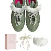 White Frill and Pearl Ribbon Shoe Charms - Decorative Shoelace Charms for Wom...