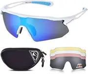 Cycling Glasses with 5 Interchangeable Lenses and TR90 Frame, UV400 Sports Sunglasses for Men Women Cycling Climbing Fishing Driving (White-Revo Blue, 502(5 Lenses))