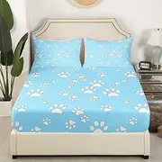 Dog Paw Print Kids Fitted Sheet Queen Size,Cute Animals Pets Paw Toddler Bedding Set,Girls Boys Adults Room Decor,Cartoon Dog Kawaii Fashion Bed Cover,Blue Lovely Bed Sheet,2 Pillowcases