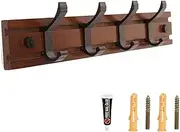 Coat Hooks Bamboo Wooden Removable Hook No Punch Required Coat Hook with Shelf Entrance Wall-Mounted Shelf Behind-The-Door Hanger with 4 Removable Metal Hooks Bathroom Living Room(Retro 40cm)
