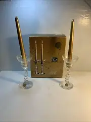 NEW Lead Crystal d'Arques France Millennium Candlesticks w/ Gold Taper Candles