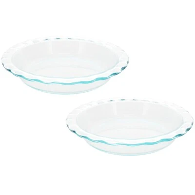 Pyrex 9.5" Round Fluted Rim Food Storage Glass Dessert Baking Pie Plate (2-Pack)