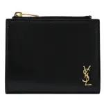 【YSL】簡約金屬LOGO小牛皮對折透明夾扣式零錢短夾(黑色)