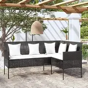L-Shaped Couch Sofa with Cushions - Black Poly Rattan Outdoor Furniture | Weather-Resistant Patio Bench | Garden Sofa with Cream White Cushions, 161.5 x 113 x 80 cm, Easy Assembly