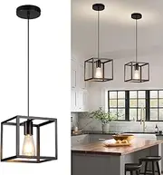Modern Pendant Light with Metal Cage, One-Light Adjustable Industrial Mini Pendant Lighting Fixture for Kitchen Island Cafe Bar Farmhouse, Black, E27 Bulb Included