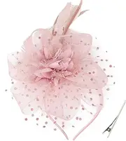 [DRESHOW] Fascinators Hat Feather Headband Women's Fascinators Tea Party Headwear with Clip Flower Head Band for Girls & Women, 8.7" Diameter / Light Pink, One Size