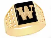 10k or 14k Yellow Gold Bold Black Onyx Mens Basket Weave Initial Letter W Ring