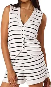 [Bgylu] Womens 2 Piece Outfits Summer Knit Striped Matching Set Button Down V Neck Vest Shorts Sets