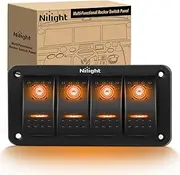 Nilight 4 Gang Rocker Switch Panel with Orange LED Light 5 Pin On Off Pre-Wired Aluminum Toggle Switches Waterproof for 12V/24V Cars Marine Boats ATVs Trailers RV Trucks