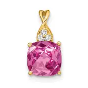 14K Yellow Gold Checkerboard Created Pink Sapphire and Real Diamond Pendant